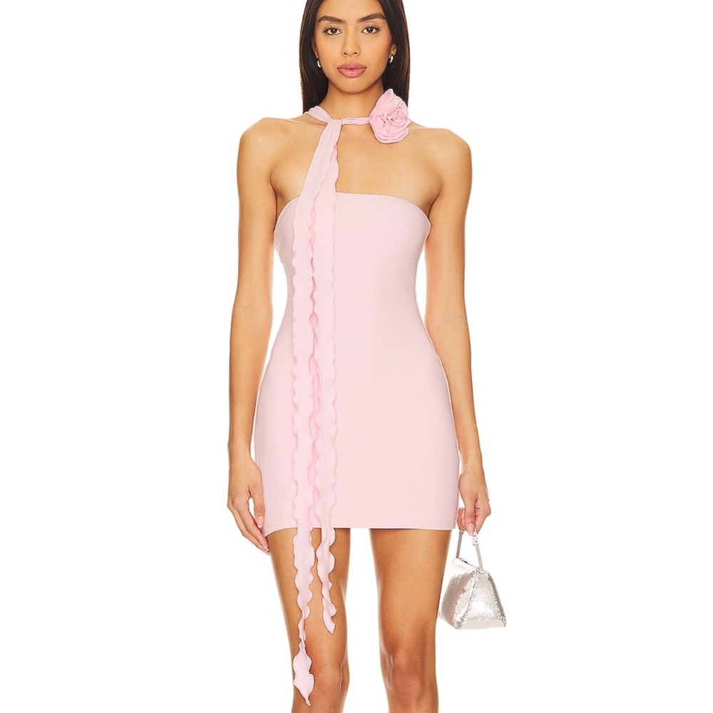 Pink mini dress with rosette neck tie - More To Come